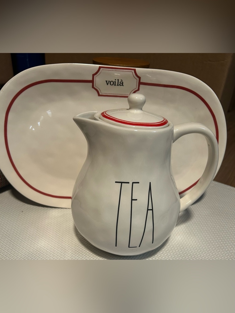 Rae Dunn HTF red line boutique teapot & French plate